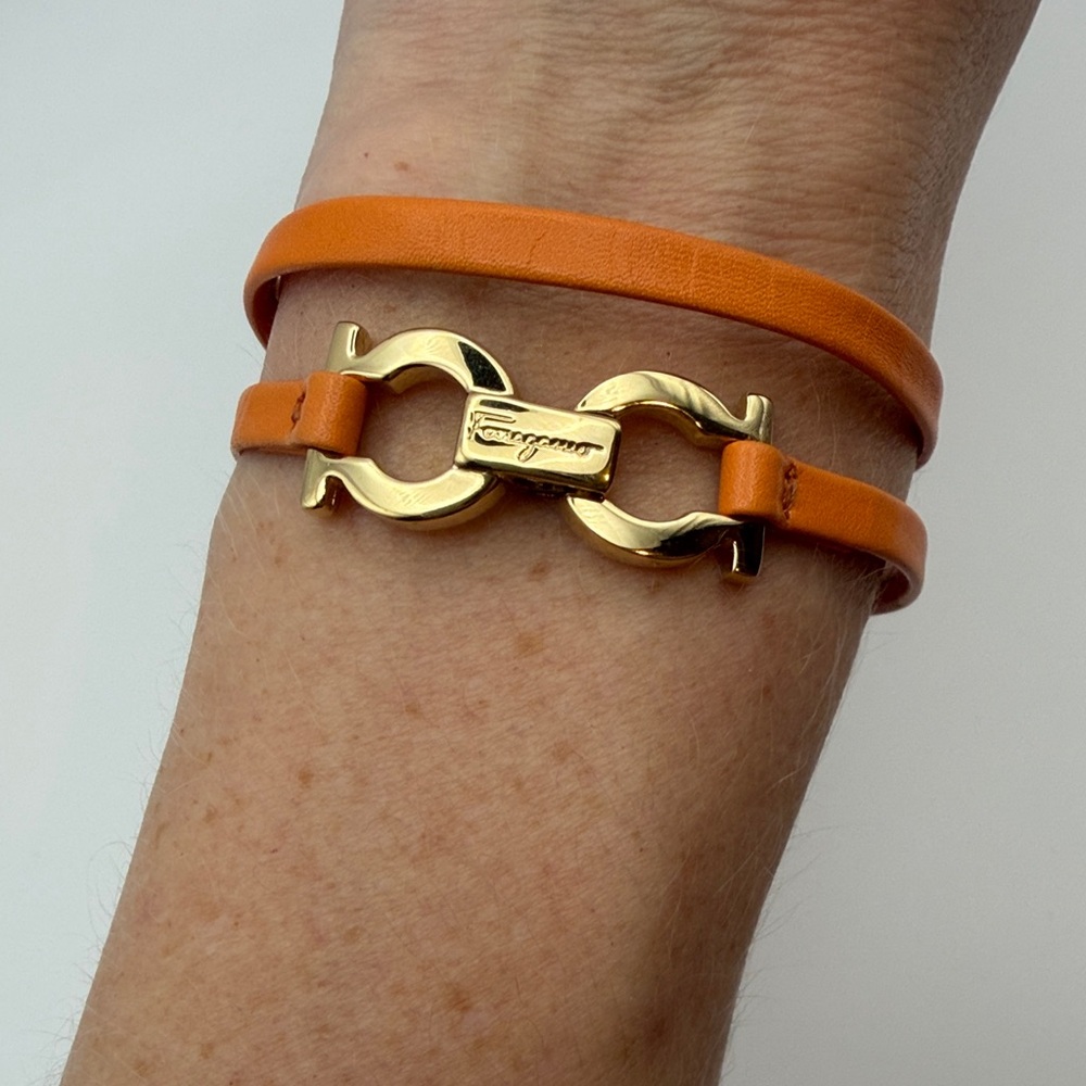 Salvatore Ferragamo Gold and Orange Leather Wrap Bracelet